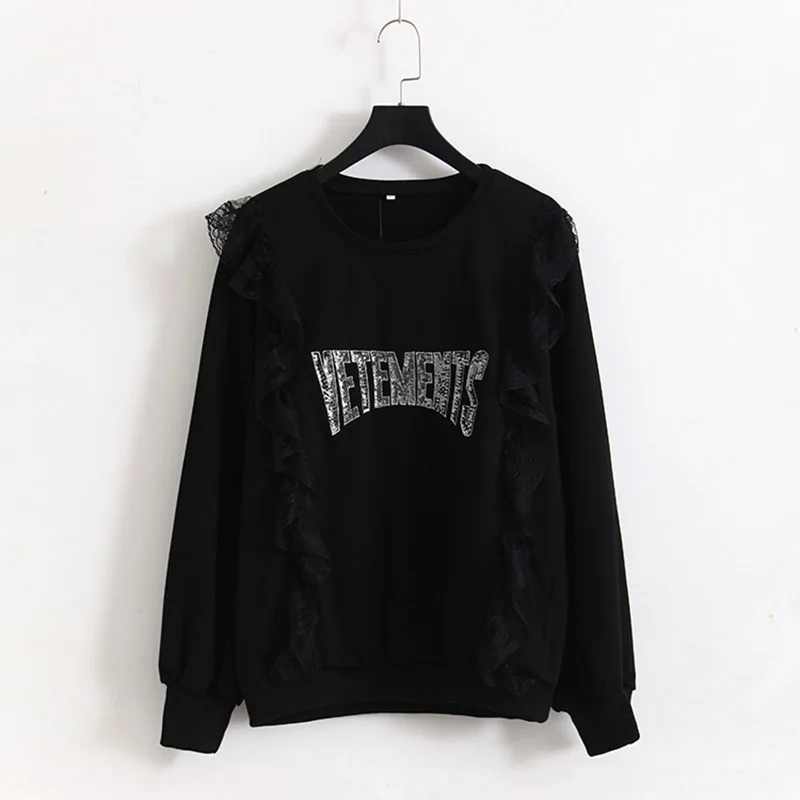 

2019 Large Size Women's Spring Sweatshirt New Style Increase Korean Black Thin Lace Stitching Letters Ladies Casual Sweatshirts