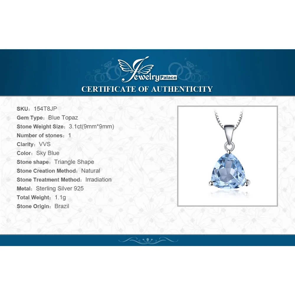 

JewelryPalace Natural Blue Topaz Pendant Necklace 925 Sterling Silver Gemstones Choker Statement Necklace Women No Chain