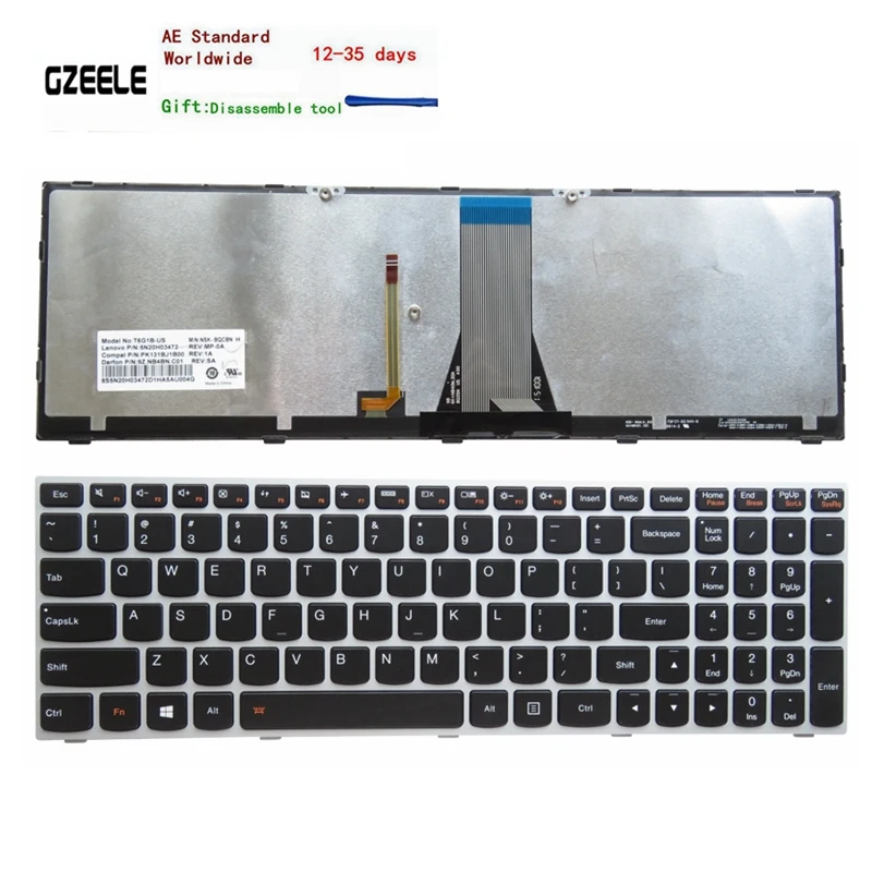 Новая клавиатура с подсветкой для ноутбука LENOVO E51-80, Z50-70, Z50-70A, Z50-75, Z50-80E, Z51-70, Z51-70A, E50-80, США, серебристая подсветка
