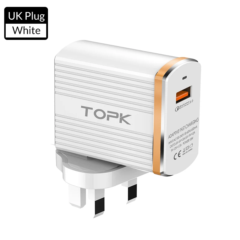 TOPK B131Q 18 Вт Quick Charge 3,0 USB Зарядное устройство 1-Порты и разъёмы USB зарядное мобильного телефона Зарядное устройство для samsung Xiaomi huawei переходник разъема стандарта ЕС и США - Тип штекера: Великобритания