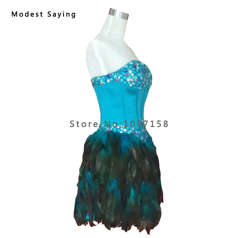 Роскошные Синие Короткие коктейльные платья а силуэта с перьями модель 2017 года