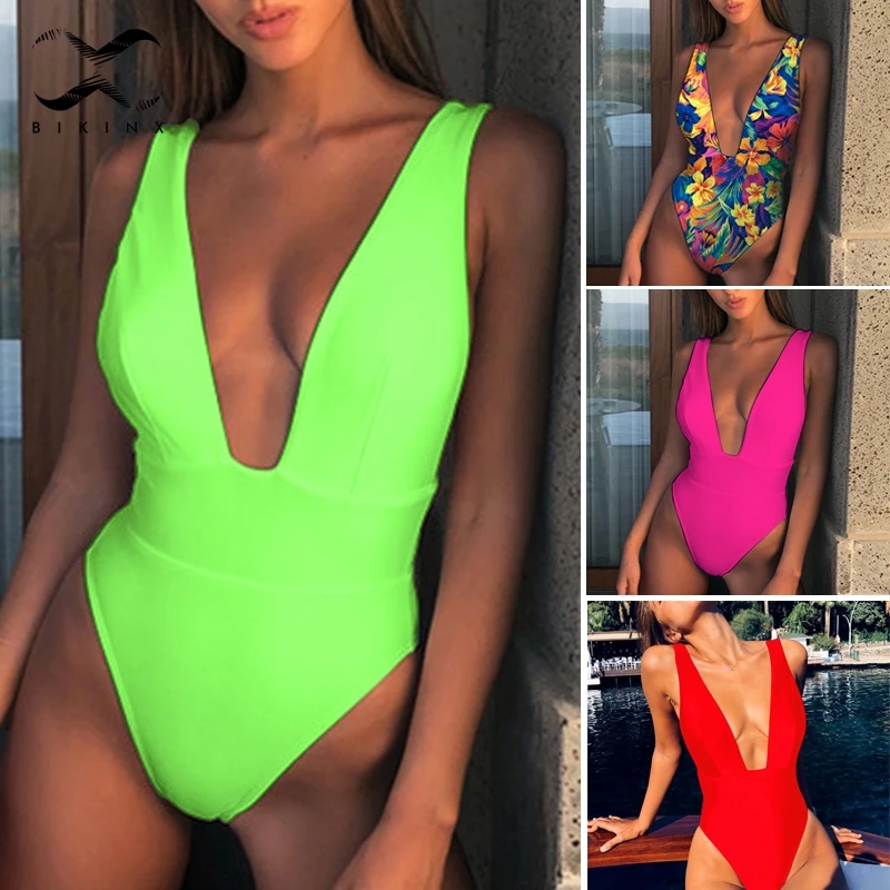 Bikinx глубокий v образный Вырез Цельный купальник женский монокини с высоким