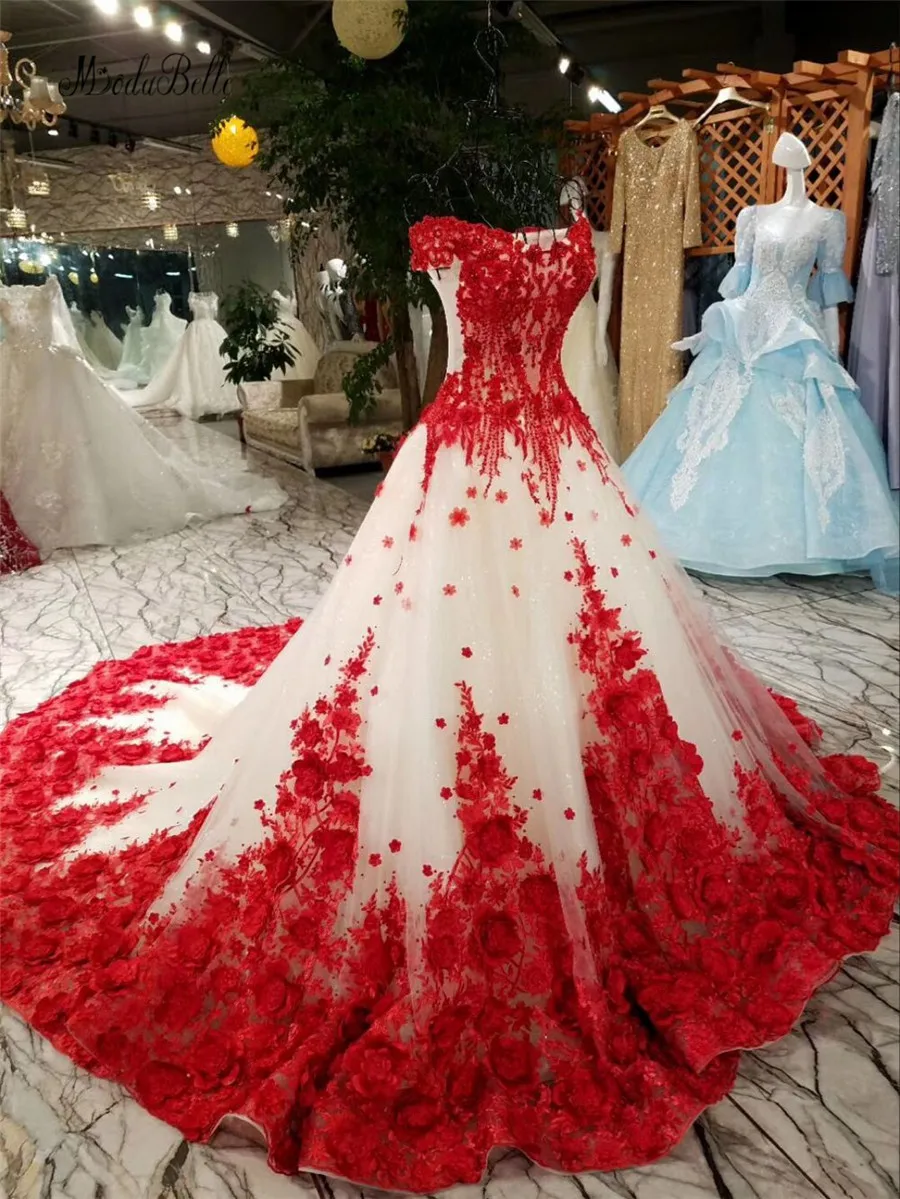 modabelle Romantic Red Lace Flower Wedding Dress With 100cm Train Ball Gowns Luxuriant Bridal Dress Lace Up Robe De Mariage