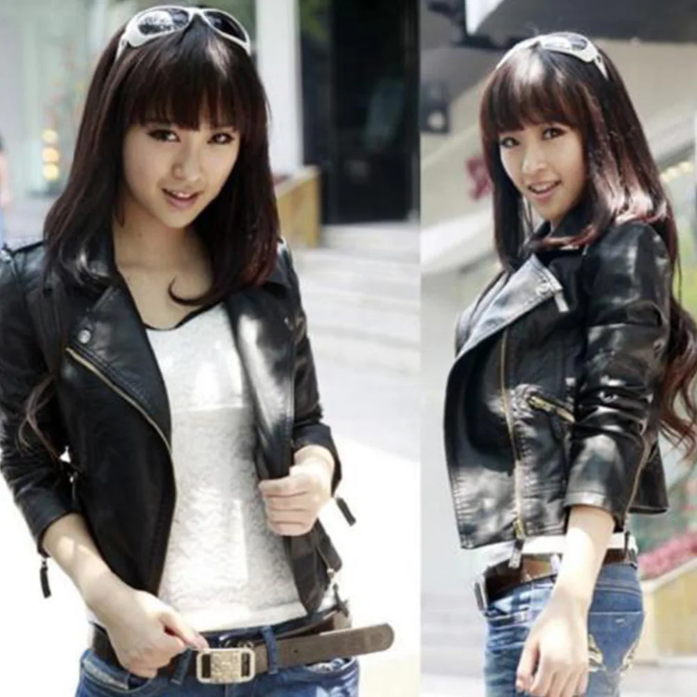 Женская черная приталенная куртка из искусственной кожи в Корейском стиле на