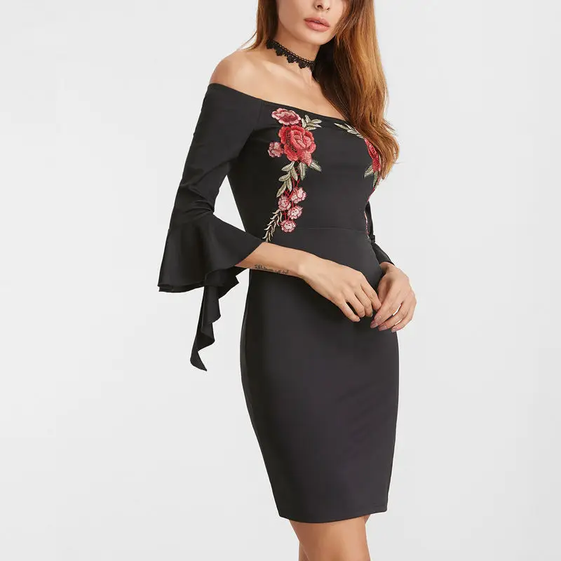 2018 New Pattern Knitting Embroidered Sexy One Shoulder Dress | Женская одежда