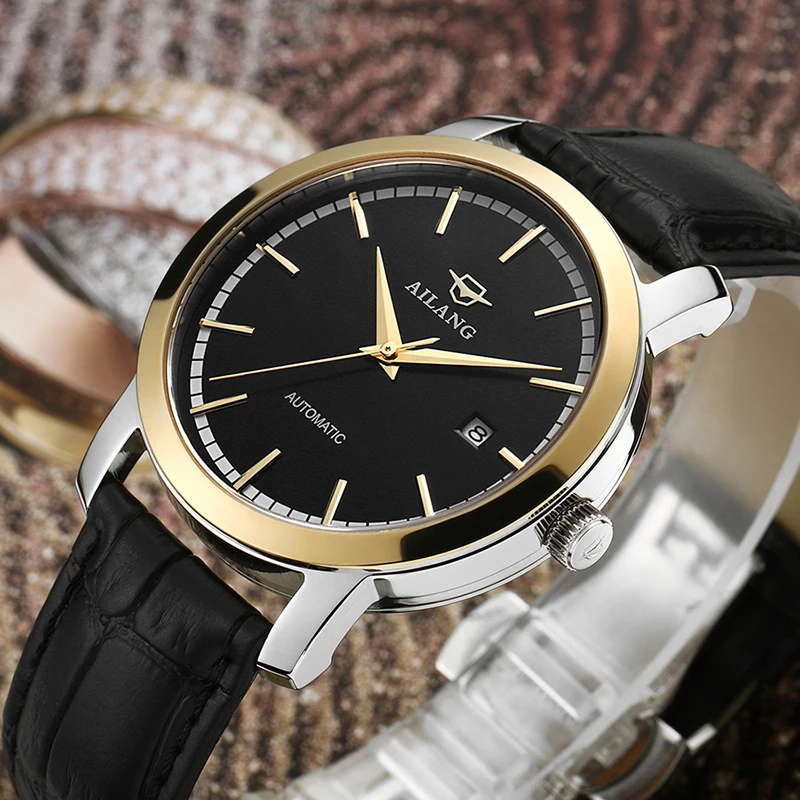 Simplified Elegant Men Business Dress Watches Brand Fashion Genuine Leather Wrist watch Mechanical Self-winding Calendar Watch | Наручные