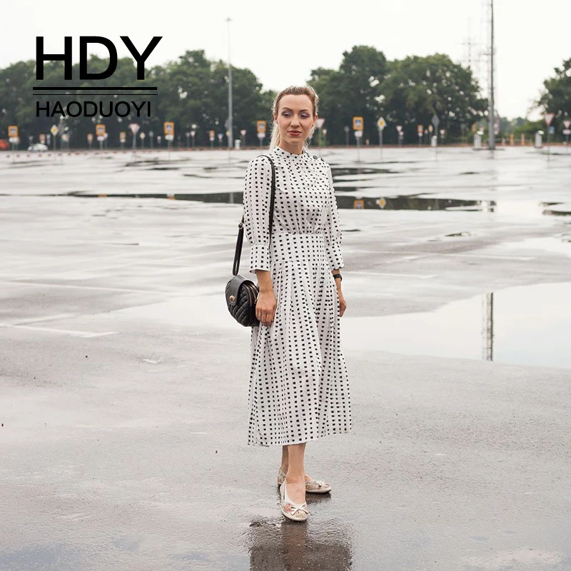 Женское платье с длинным рукавом HDY Haoduoyi белое шифоновое в горошек круглой шеей