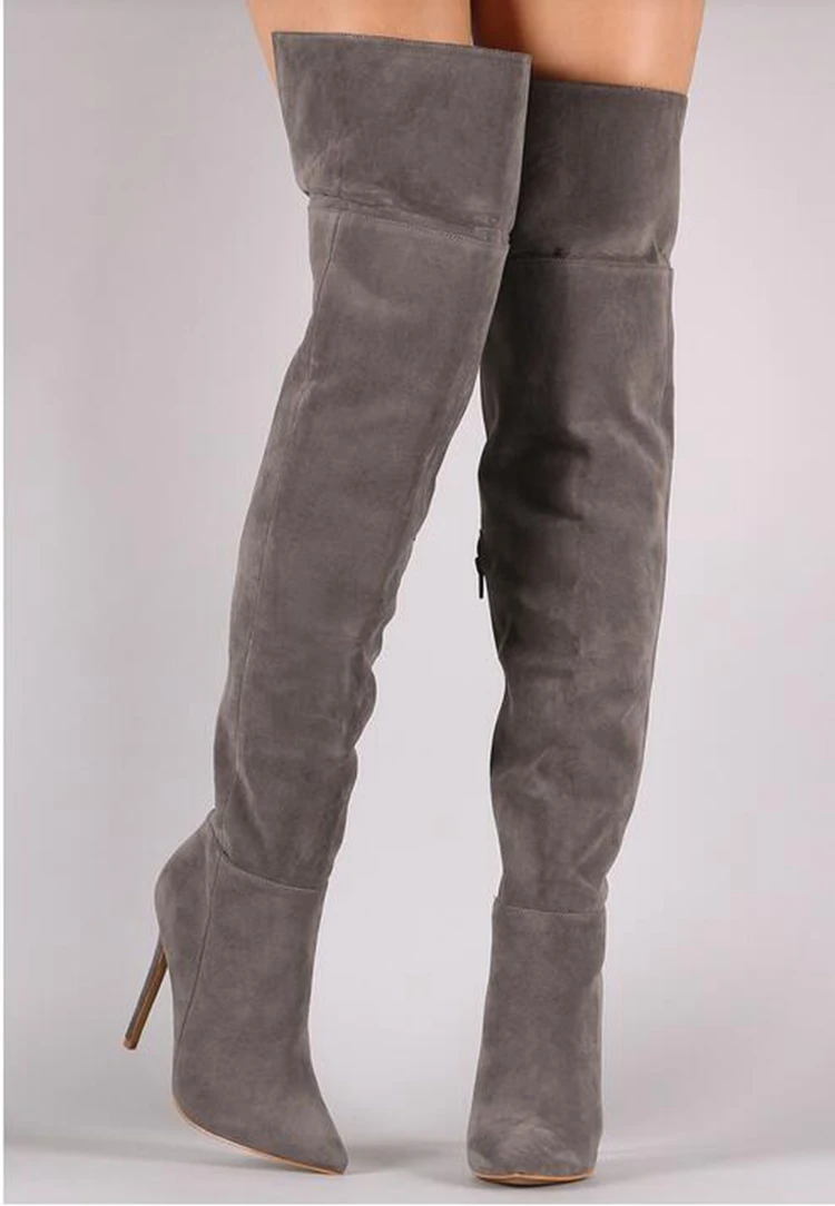 

grey suede pointed toe over the knee boots woman fashion thigh high boots sexy thin heels boots night club wear long boots