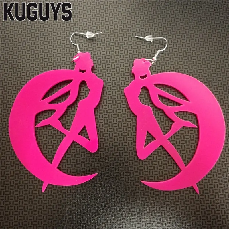 

KUGUYS Moon Girl Dangle Earrings for Women Pink Black White Cute Romantic Acrylic Jewelry Party Accessories