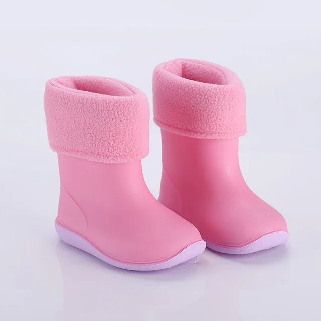 Pink 1 cotton Новые осенние зимние детские резиновые сапоги теплые хлопковые резиновые сапоги детские Нескользящие водонепроницаемые сапоги для маленьких мальчиков и девочек - Цвет: Pink 1 cotton