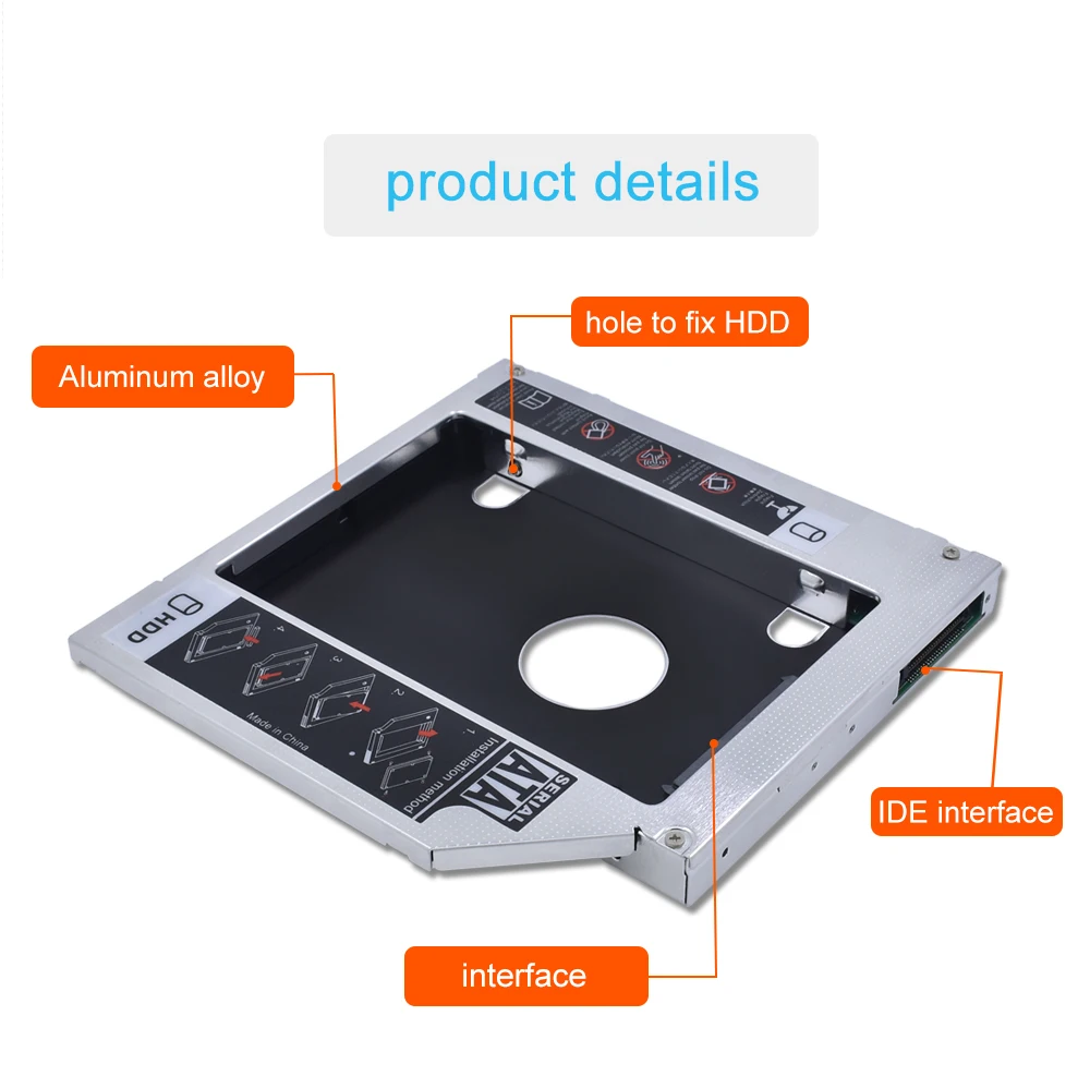 Для Тетрадь ODD DVD-ROM Optibay Алюминий 2nd HDD Caddy 12,7 мм IDE SATA с передней панелью 2,5 дюймов чехол для SSD, HDD корпус