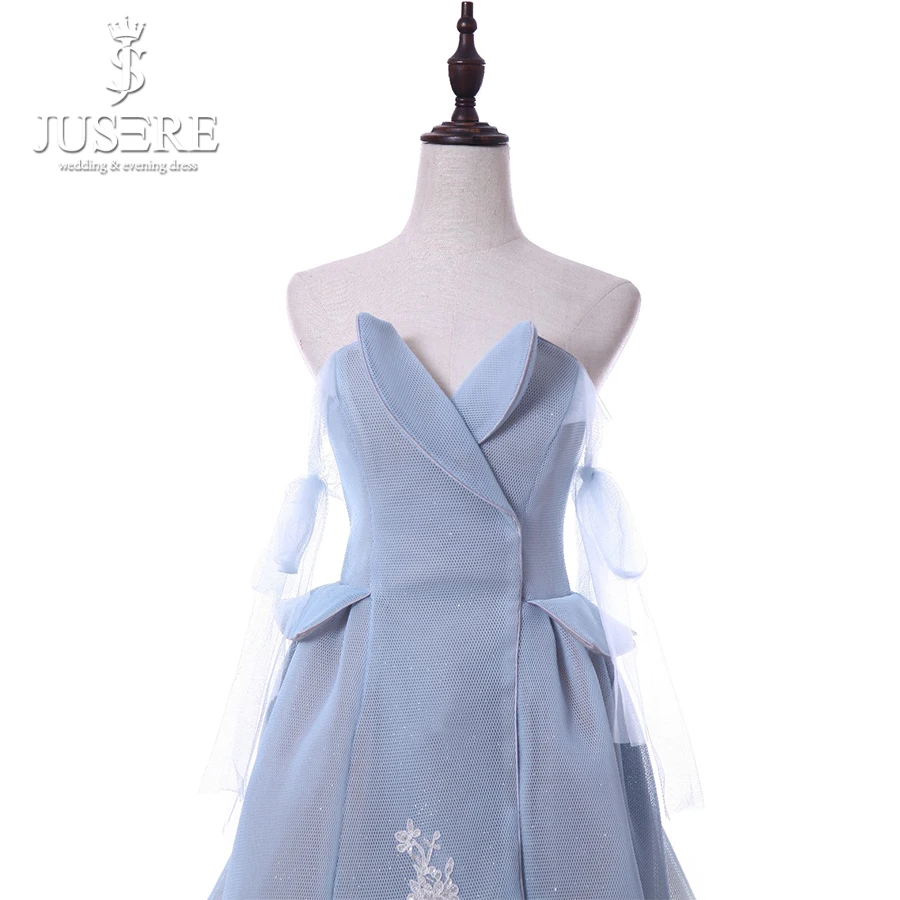 Jusere Design Light Blue High Low Prom Dress Off Shoulder Sleeveless Party Gowns Vestidos de fiesta Real Photos | Свадьбы и