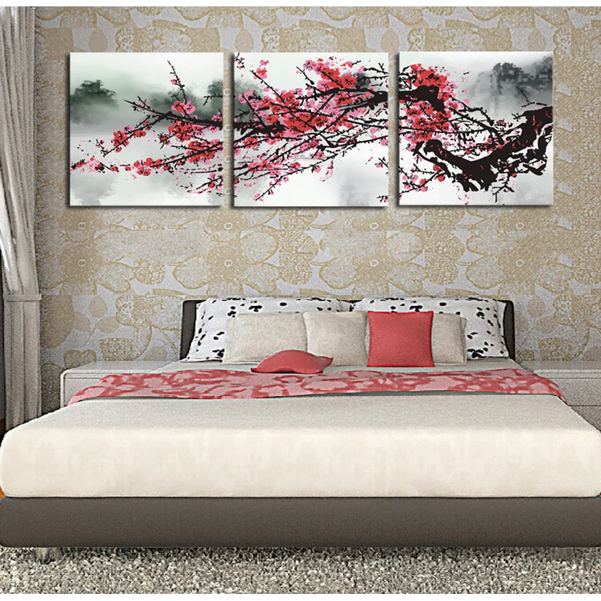 3 комплекта красный цветок сливы цветы живопись искусство дешевые HD картина