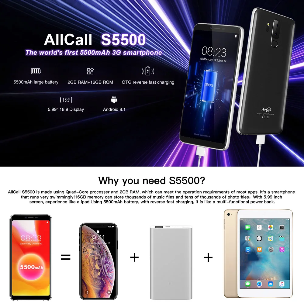 AllCall S5500 мобильный телефон 5,99 дюймов Android 8,1 2+16GB 5500 мАч батарея MTK6580M 4 ядра 13MP камера OTG 3G смартфон