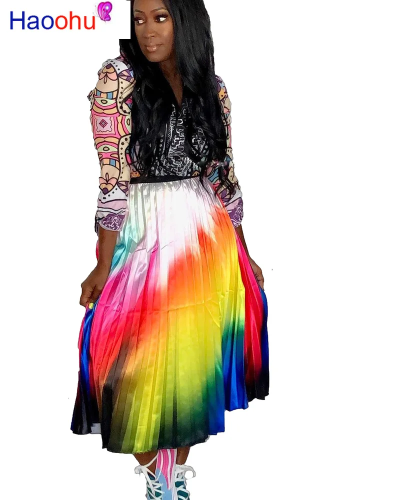 

Rainbow Gradient Color Sexy Party Skirt Women Fashion High Waist Loose Pleated Skirt Streetwear New Ladies Mid-Calf Length Skirt