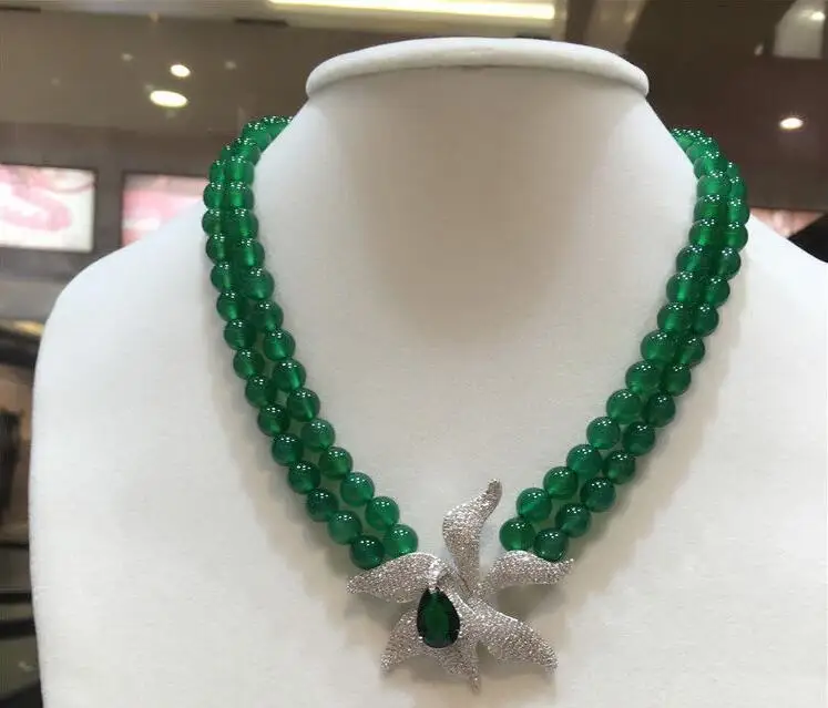 Красивый 2Strds зеленый шарик круглое ожерелье покрытием коннектор CZ 18