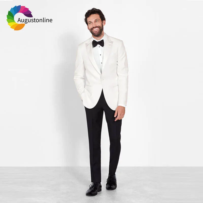 

Slim Fit Groom Tuxedo Custom Made Ivory Men Suits for Wedding White Peaked Lapel Man Blazer Jacket Pants 2Piece Costume Homme