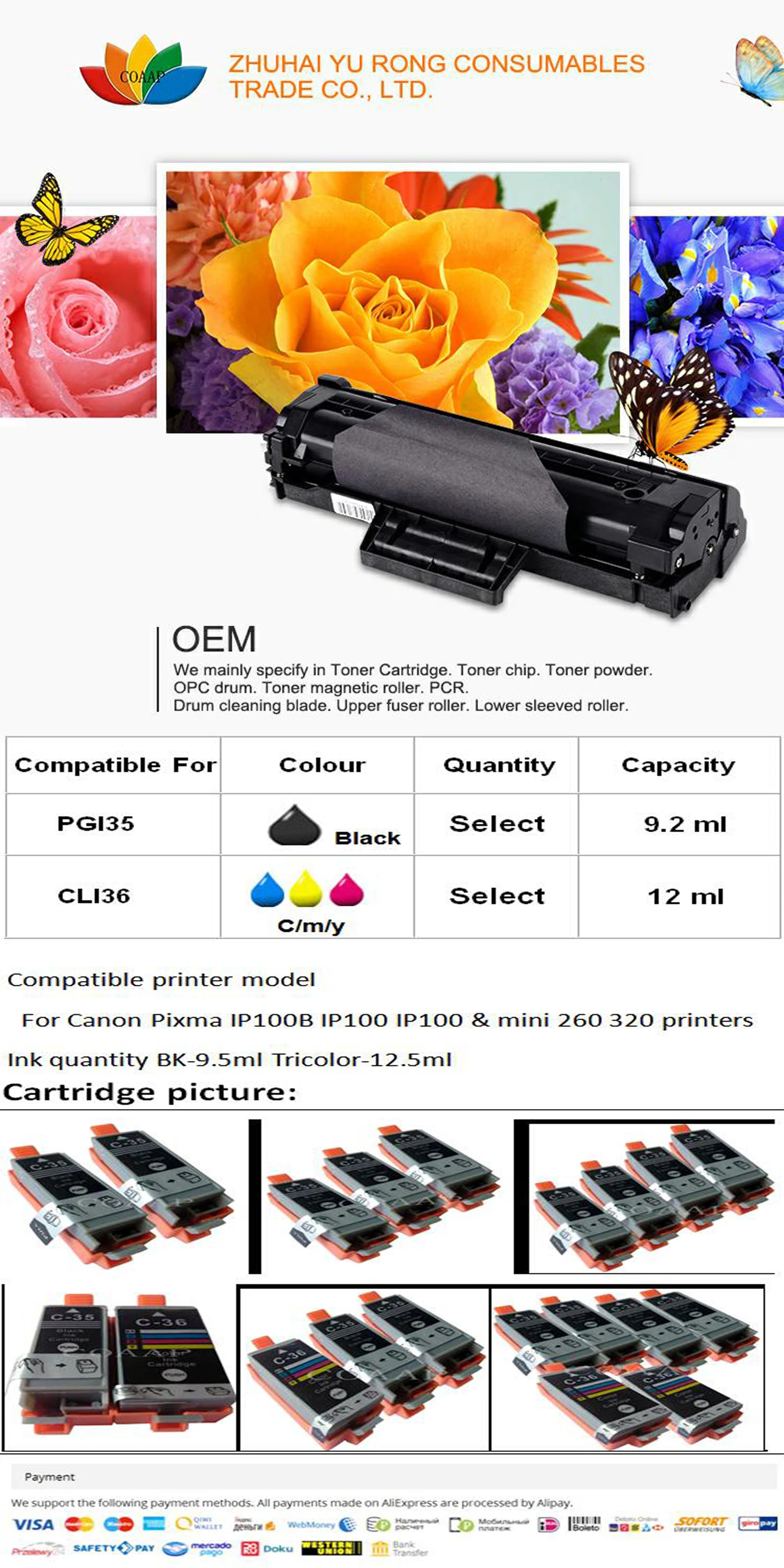 PGI35 CLI36 совместимые чернильные картриджи для Canon 35 36 PGI-35 CLI-36 для Canon IP100B IP100 mini260 mini320 принтер