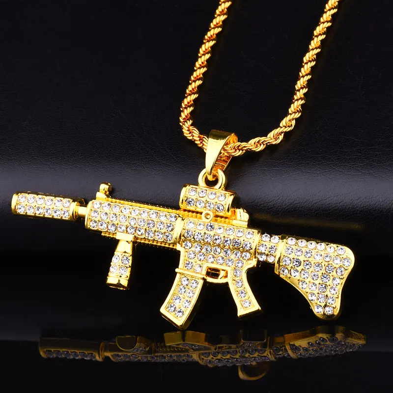 Золотой Серебряный цвет хип-хоп bling стразы M4 карабин форма кулон ожерелье 76 см длинная цепочка колье с кулонами в виде пистолетов для мужчин ювелирные изделия