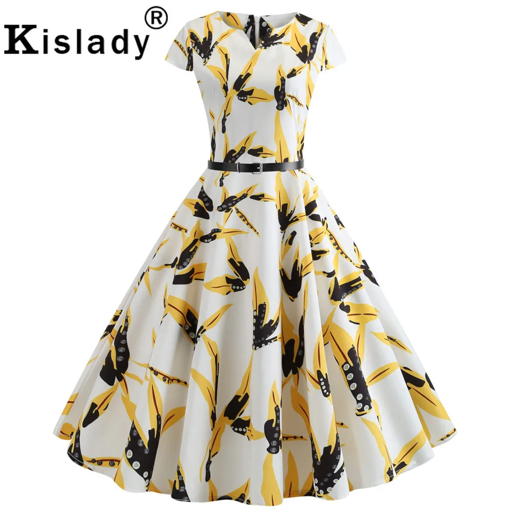 Летнее женское винтажное платье с коротким цельнокроеным рукавом и поясом