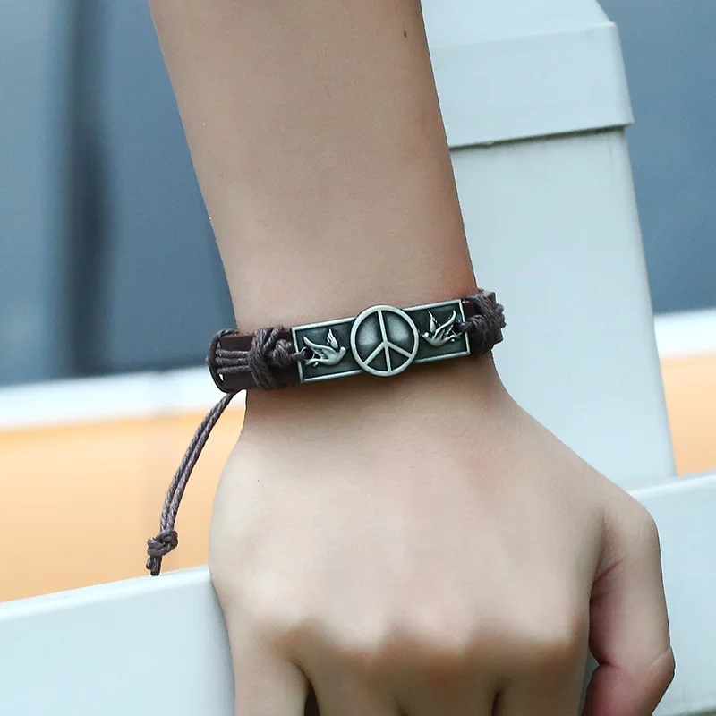 Retro Casual Genuine Leather Bracelets Hemp Rope Hand-woven Unisex Bangles Peace Alloy Charm Wrap Bracelet Man Jewelry Wristband | Украшения