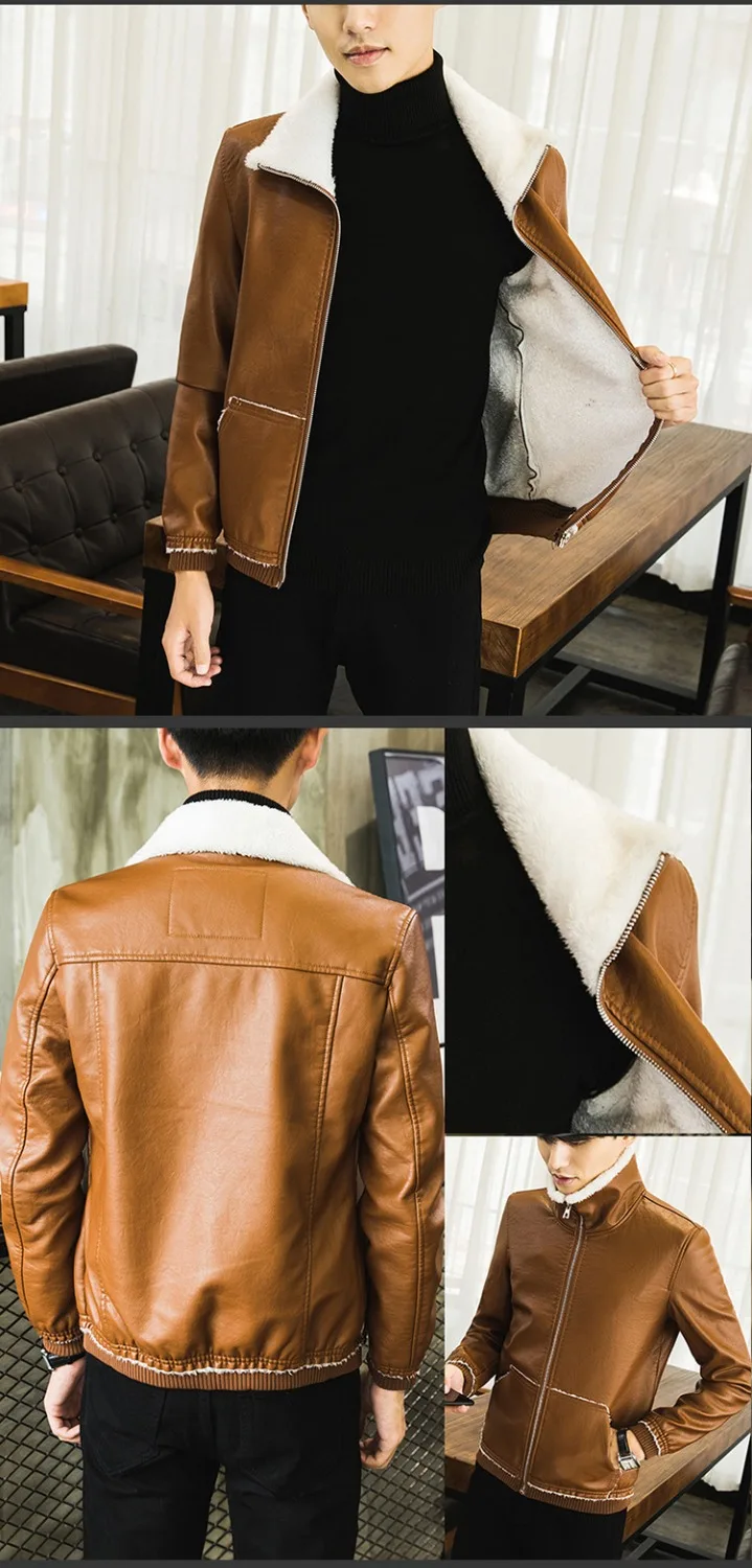 Новинка 2018 мужская кожаная куртка из искусственного меха с длинными рукавами и