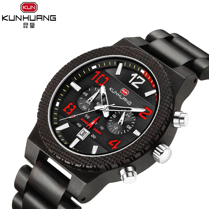 KUNHUANG Watch Casual Men Black Ebony Wood Date Chronograph Sport Outdoor Military Quartz Watches Wooden Clock Reloj Hombre 2019 redfire full wooden watch coffee brown men s wood clock gold skeleton self winding wood watches folding clasp reloj masculino