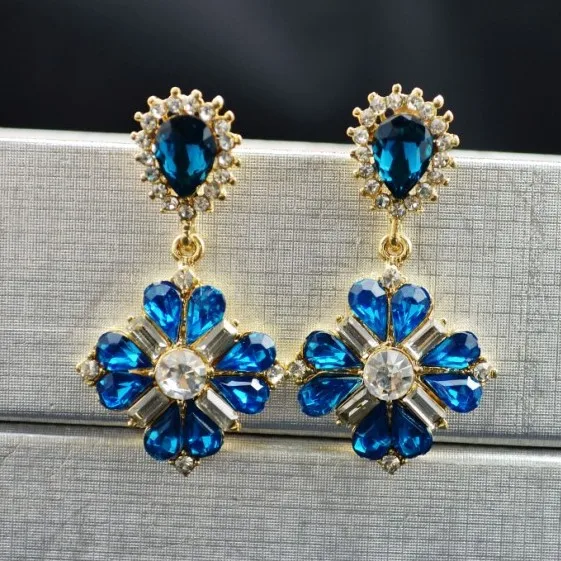 

High-quality Crystal Blue Gem Flower Dangle Drop Earrings Fashion Jewelry for Women Dress Accessories