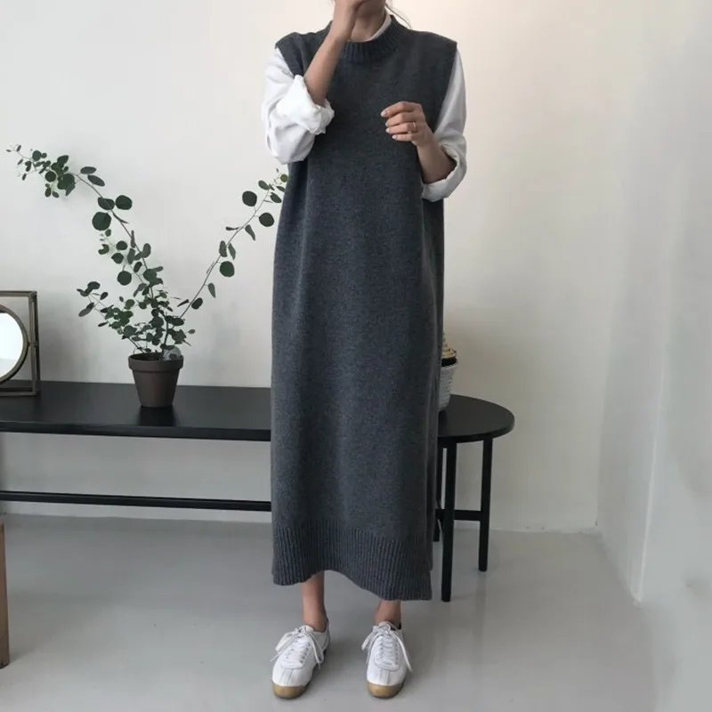 gray dress TWOTWIN стильные вязаные платья для женщин, свободные, без рукавов, повседневные, модные, корейский стиль, женское платье, женская одежда, осень - Цвет: gray dress