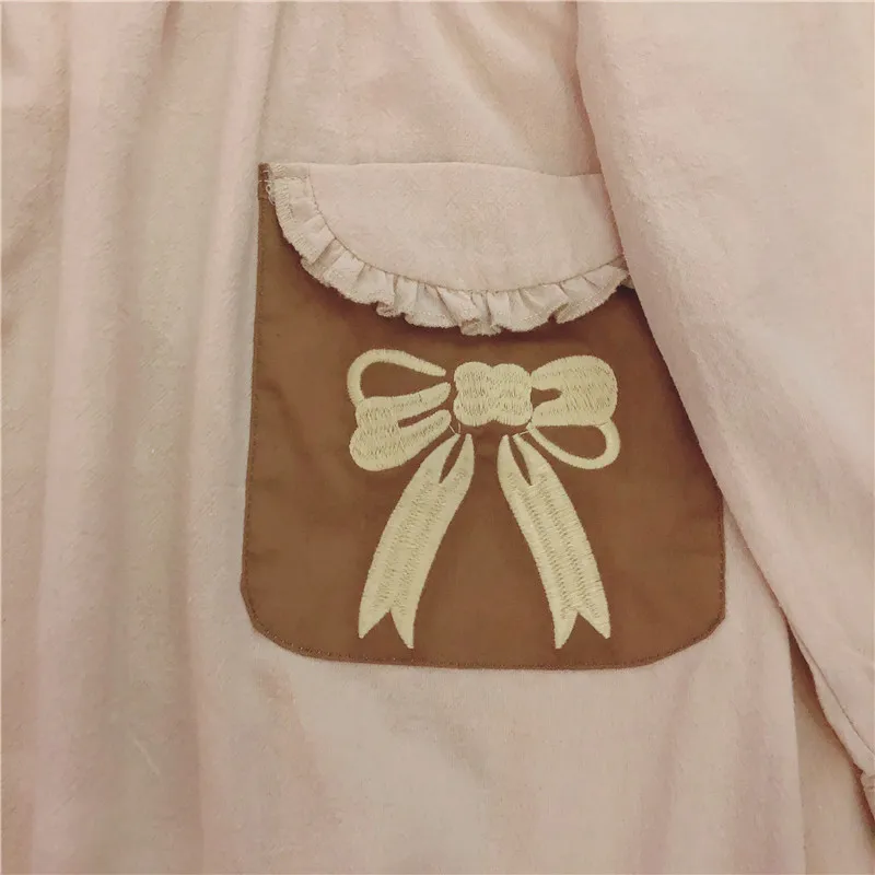 

Kawaii Dress Bow Embroidered Bear Peter Pan Collar Long Sleeve Loose Girl Retro Lolita Dress