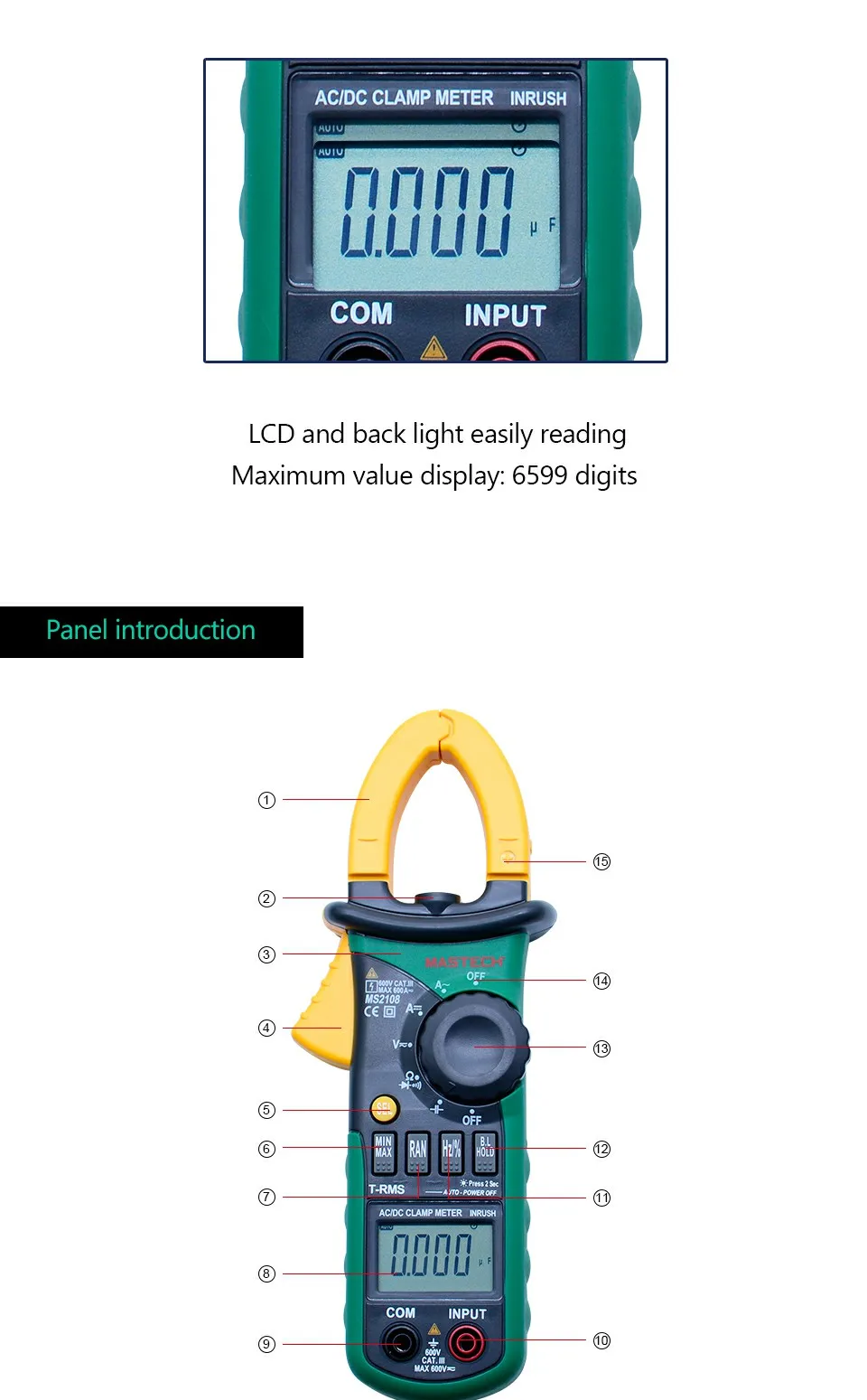 Мультитестер MASTECH MS2108 цифровой клещи мультиметр 6600 отсчетов истинных RMS AC DC Емкость частоты пусковой ток тестер