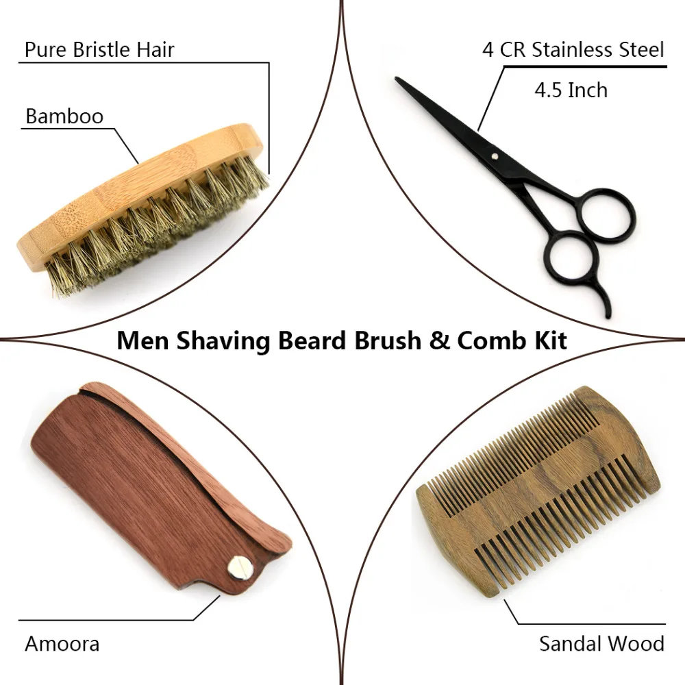 4в1 Мужская щетка для бритья Бамбуковая набор усов ножница ножницы натуральные