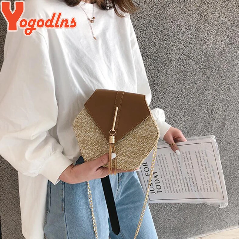 Yogodlns Hexagon Straw Shoulder Bag Women Summer Rattan Handmade Woven Beach Bohemia bolsa feminina chain Crossbody bag | Багаж и сумки