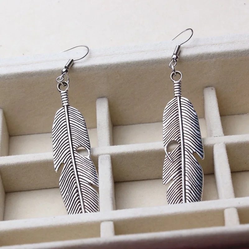 Высококачественные очаровательные серьги в форме пера античное серебряное