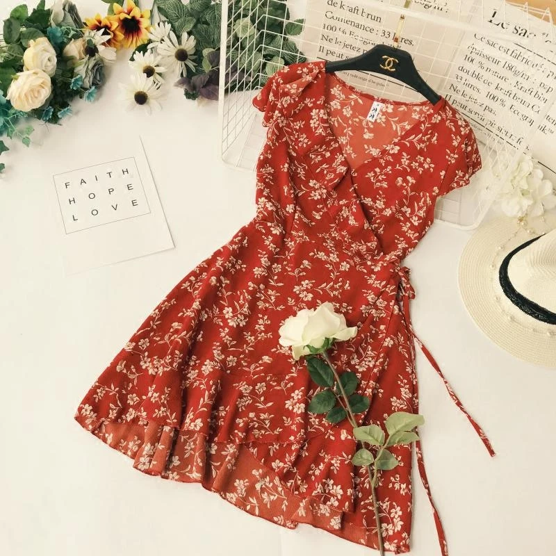 Женские платья с V-образным вырезом милые элегантные высокой талией и коротким