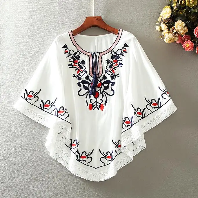 Women's spring summer butterfly sleeve vintage embroidery cotton shirt female casual loose chic shirt blouse tb104