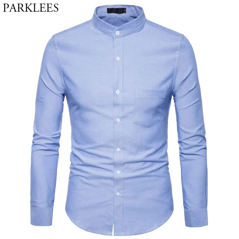 

Men's Slim Fit Oxford Dress Shirt 2018 Brand New Mandarin Collar Long Sleeve Shirt Men Casual Business Office Work Chemise Homme