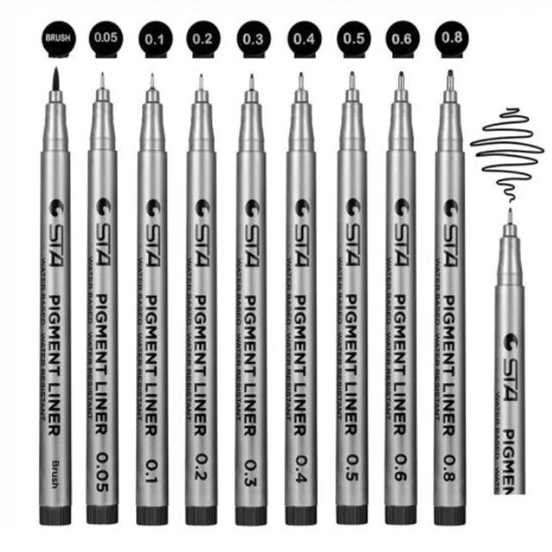 Цельнокроеное платье пигмент лайнер Pigma Micron чернил производитель ручки 0,05 0,1 0,2 0,3 0,4 0,5 0,6 0,8 различных наконечников черный тонколинейная ручка для эскизов