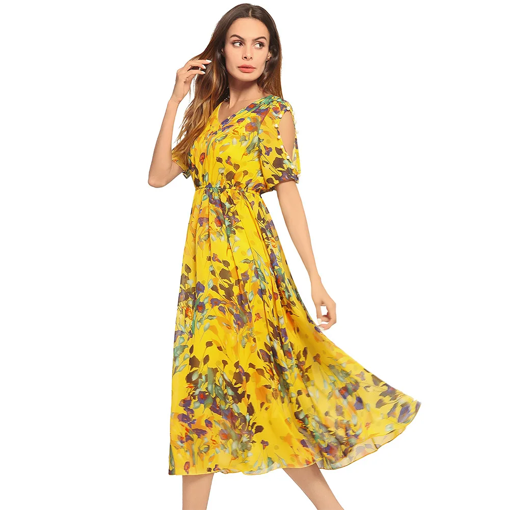 

Spring&summer new women's strapless beach dress short-sleeved chiffon dress