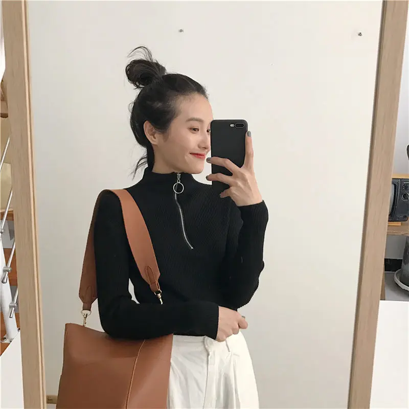 HziriP 2018 Autumn Stylish Women High Quality Knitted Turtleneck Pullover Sweet Sexy All-Match Slim Elastic Black Sweater Simple | Женская