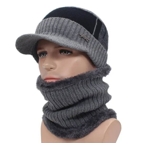 gray black set Вязаная шапка Мужская Зимняя Шапка-бини зимние шапки для мужчин шарф меховая шапка женская зимняя шляпу Beany Балаклава шапочки шапка - Цвет: gray black set