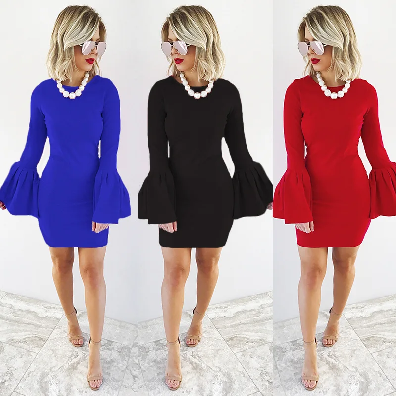 2018 autumn and winter fashion package buttocks self-cultivation sleeve sleeves dress | Женская одежда