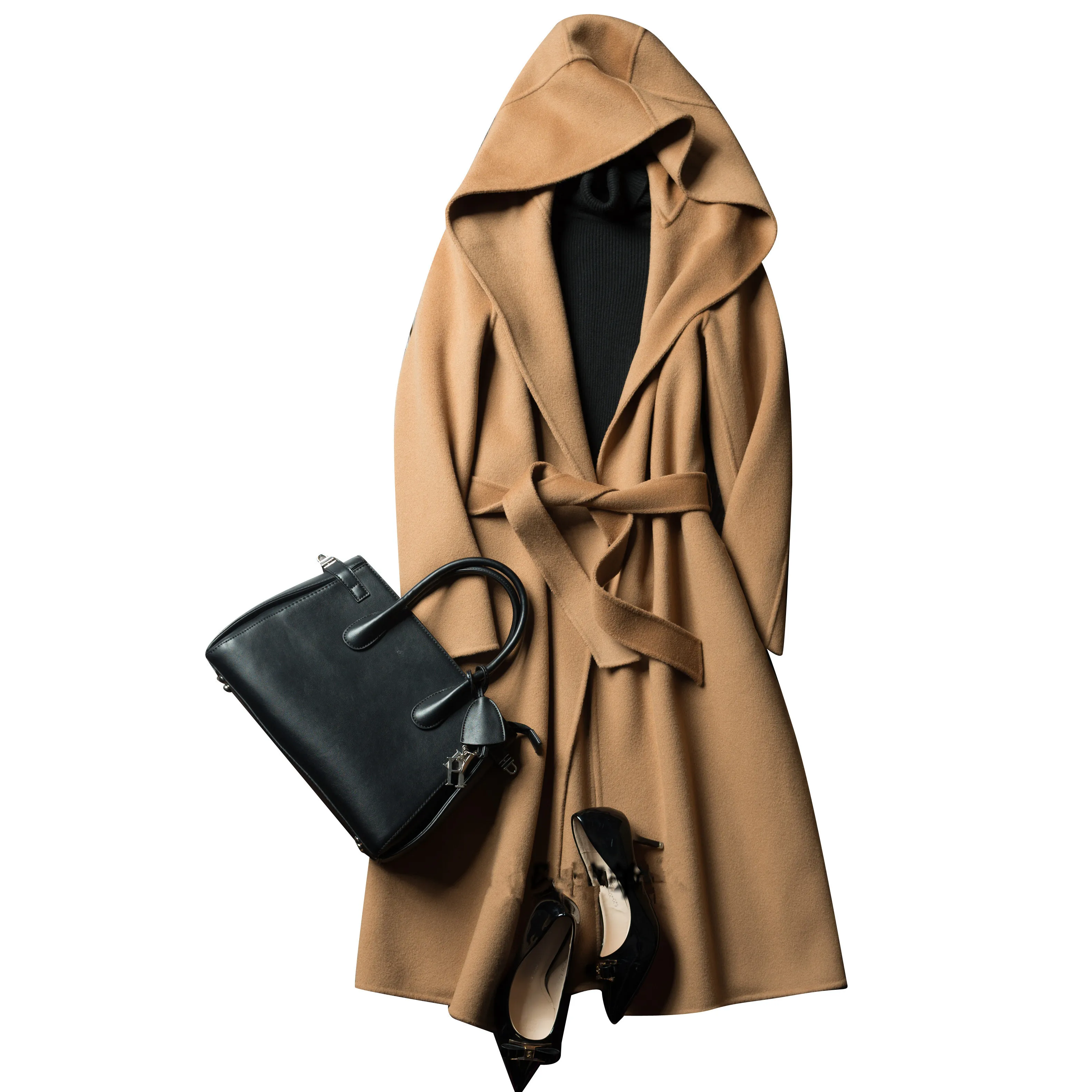 

KMETRAM Autumn Winter Natural Wool Coat Women Double-sided Cashmere Hooded Long Jacket Ladies Loose Vintage Belt Coats MY538