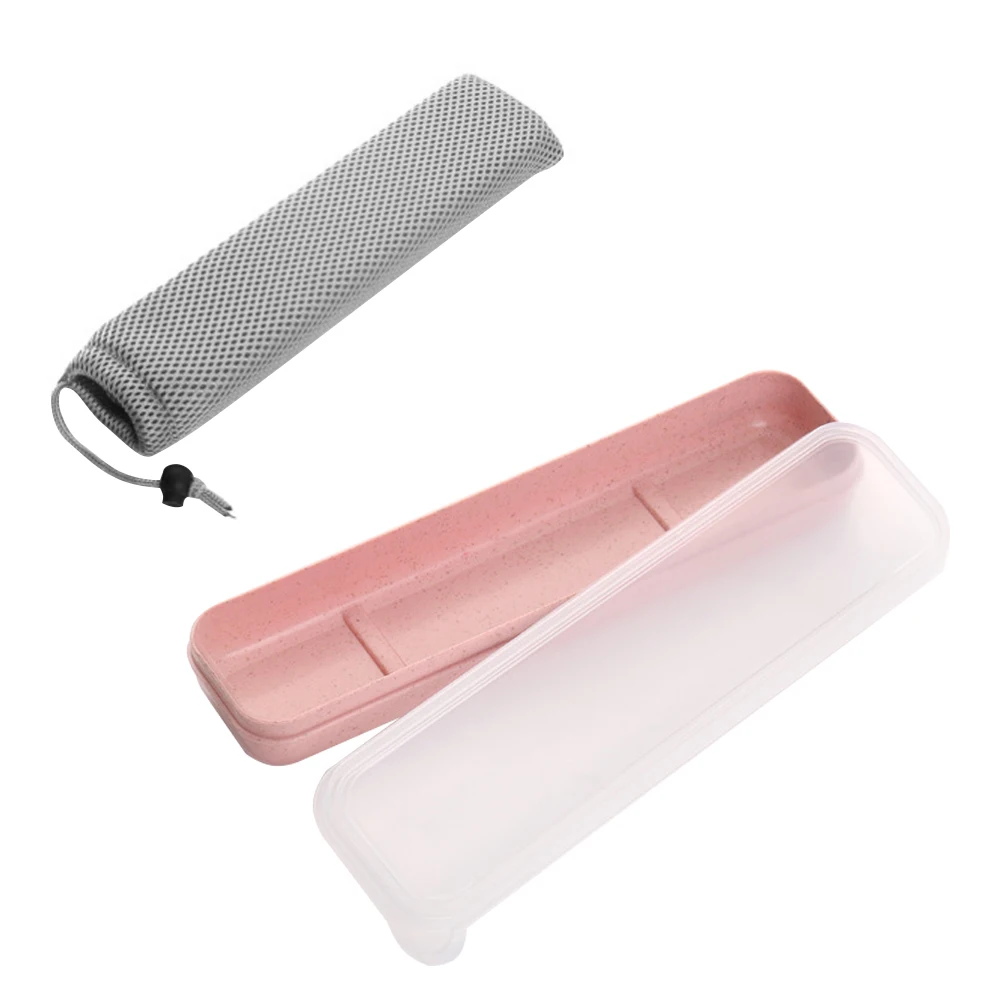 Розовый Tableware Box Set With Storage Bag Home Durable Reusable Wheat Straw School Cutlery Outdoor Transparent Cover Travel Practical - Цвет: Розовый