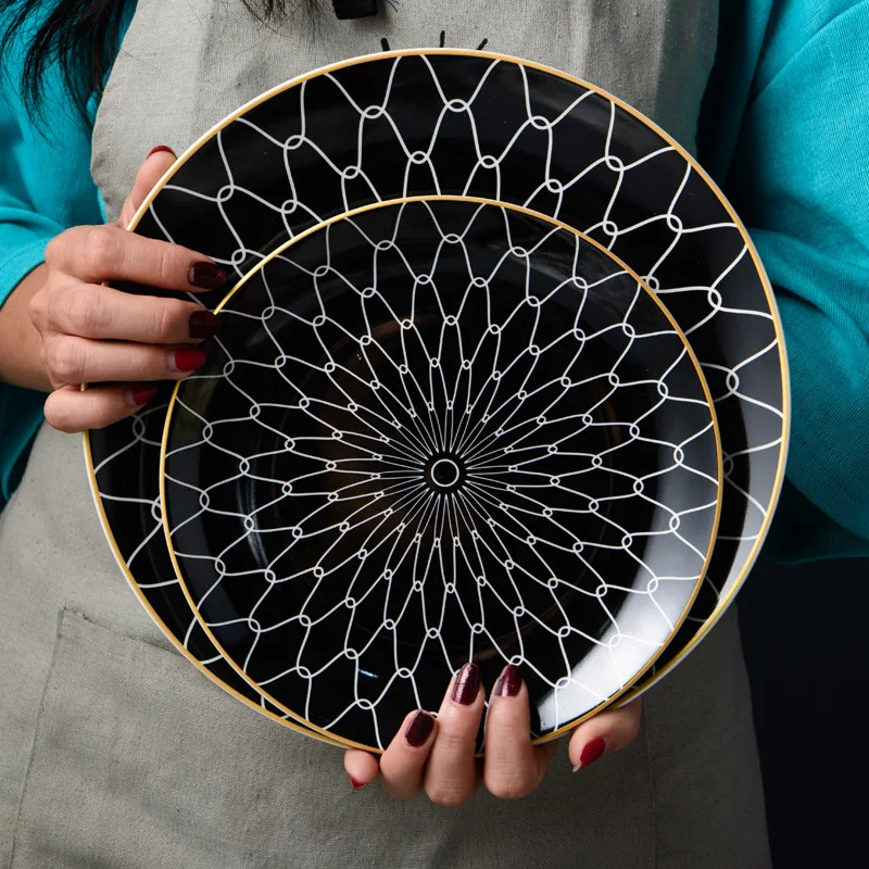 Ceramic Creative Geometric Pattern Nordic Pasta Round Fruit Tray Cake Plate Western Steak China Dinner Set | Дом и сад