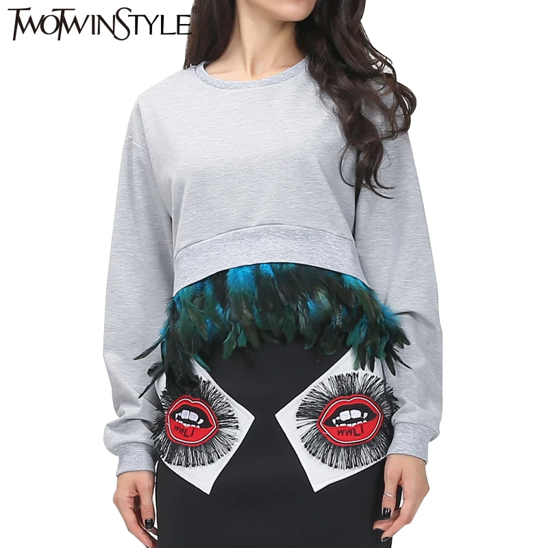 [TWOTWINSTYLE] Осенняя удлиненная футболка оверсайз с длинными рукавами и перьями