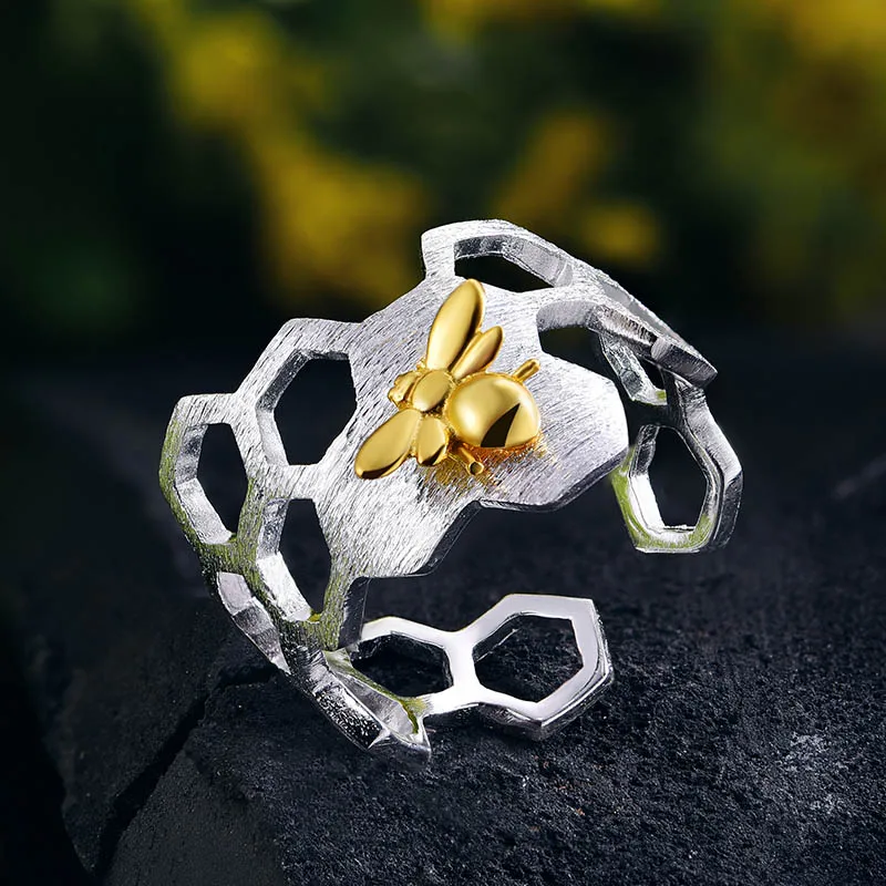 Lotus Fun, настоящее 925 пробы, серебро, 18 К, золото, пчела, кольца, натуральный дизайн, хорошее ювелирное изделие, домашняя защита, соты, Открытое кольцо для женщин - Цвет камня: Rear Glossy Finish