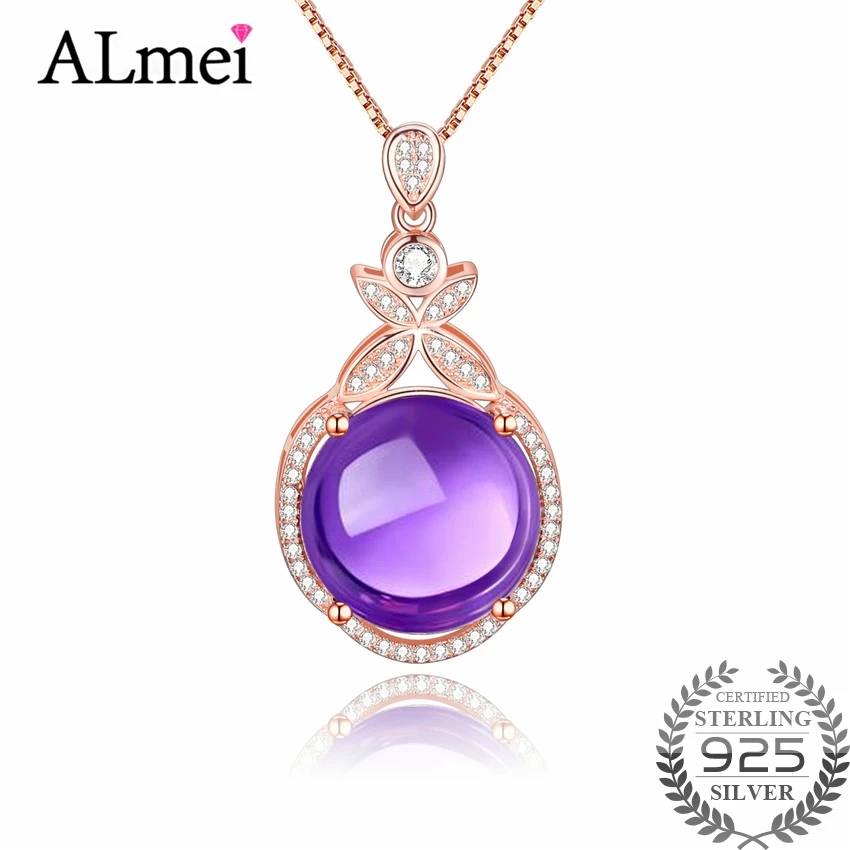 Женское ожерелье с подвеской Almei фиолетовое аметистом из стерлингового серебра