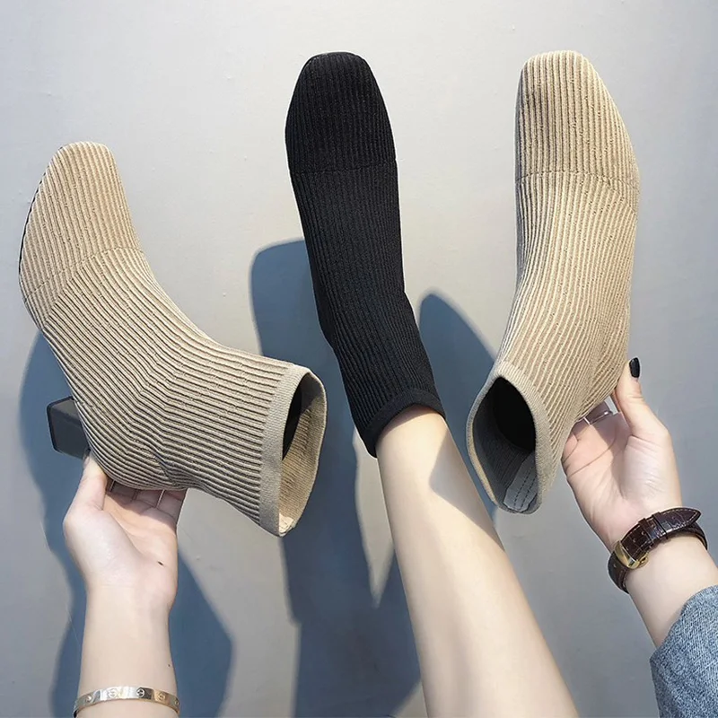 Женские ботинки на квадратном каблуке простая элегантная обувь из эластичной