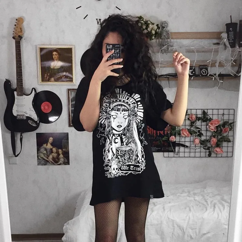 Темный модные ведьмы в готическом стиле с принтом Rock футболки панк уличная